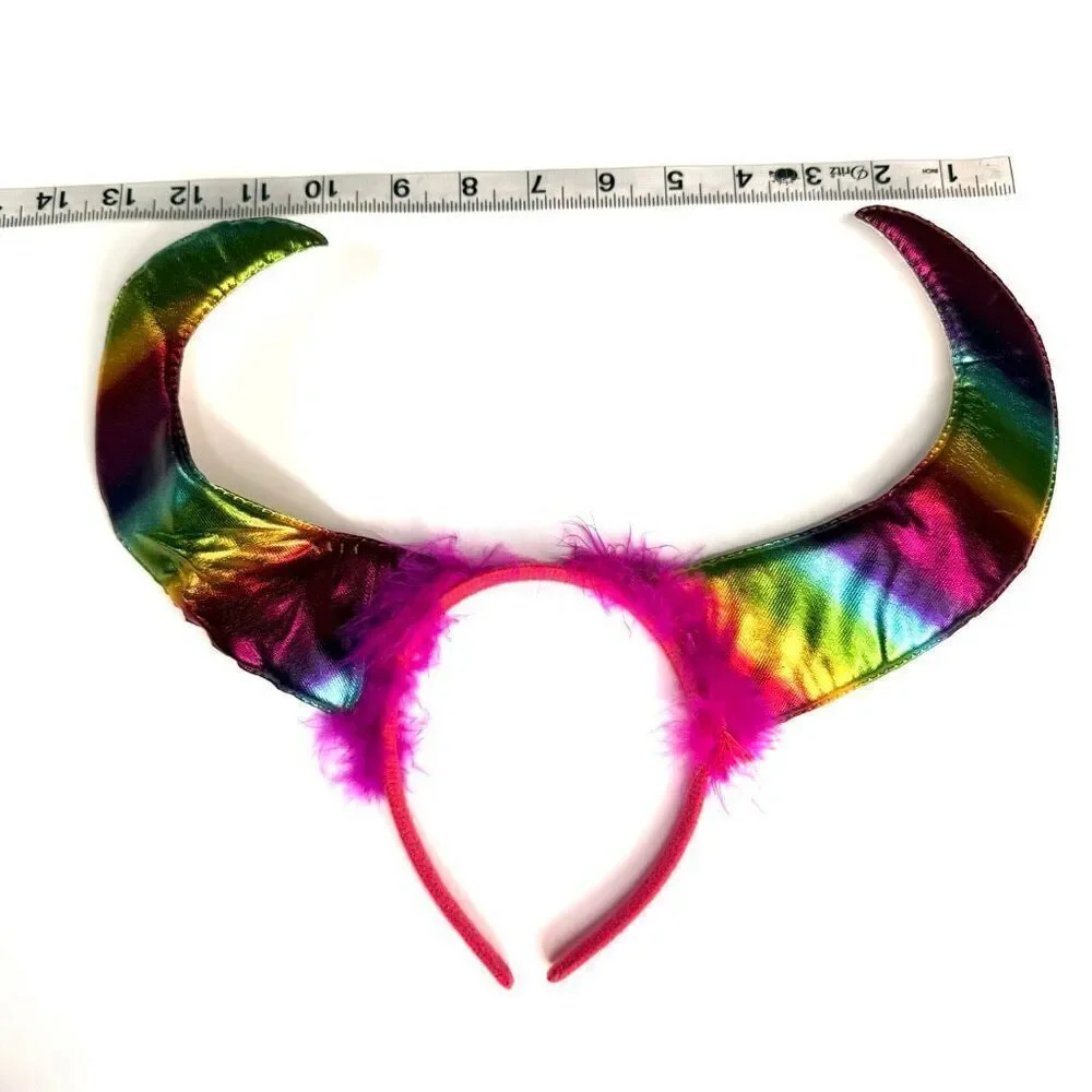 Rainbow Metallic Horn Headband with Pink Feather Trim – Festival Pride Costume A